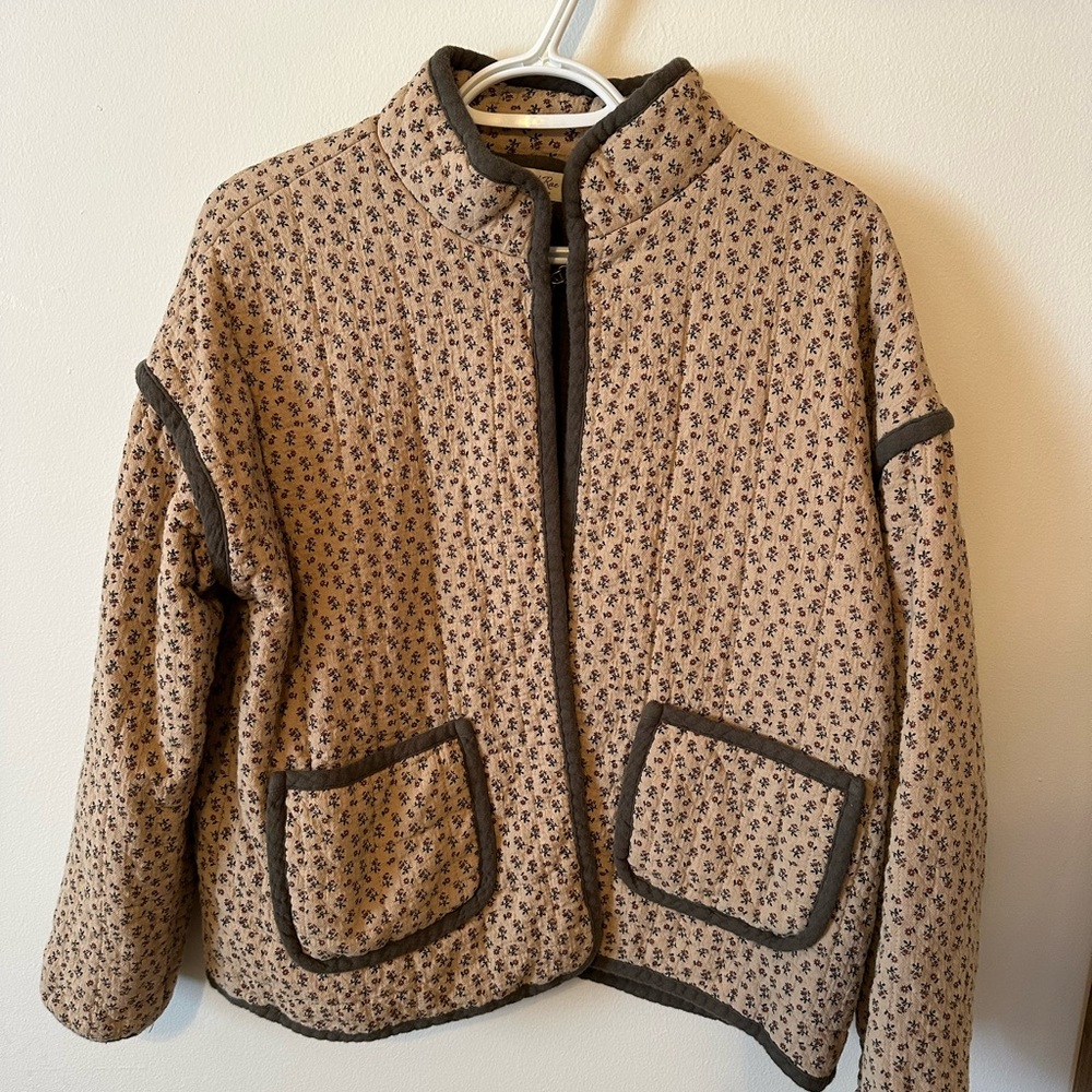 Quilted Floral Pattern Jacket in Beige with Dark Trim